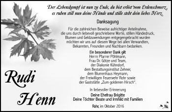 Traueranzeige von Rudi Henn von Südthüringer Presse
