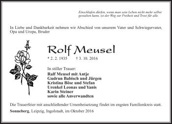 Traueranzeige von Rolf Meusel von Südthüringer Presse
