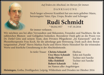 Traueranzeige von Rudi Schmidt von Südthüringer Presse