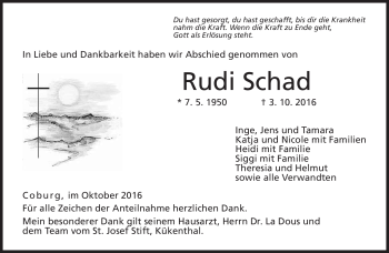 Traueranzeige von Rudi Schad von Neue Presse Coburg
