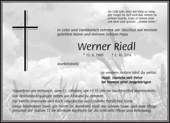 Traueranzeige von Werner Riedl von Frankenpost