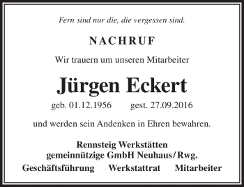 Traueranzeige von Jürgen Eckert von Südthüringer Presse