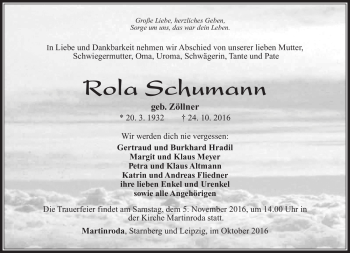 Traueranzeige von Rola Schumann von Südthüringer Presse