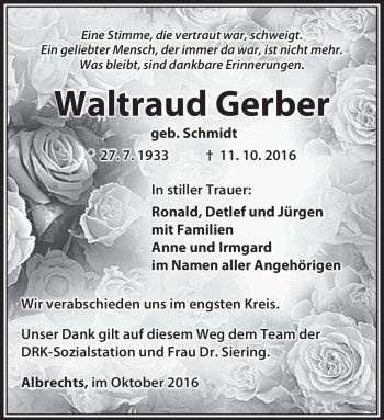Traueranzeige von Waltraud Gerber von Südthüringer Presse