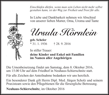 Traueranzeige von Ursula Hörnlein von Südthüringer Presse