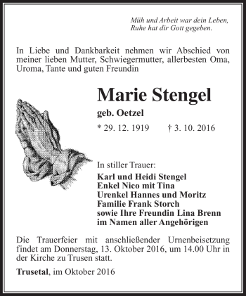 Traueranzeige von Marie Stengel von Südthüringer Presse