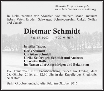 Traueranzeige von Dietmar Schmidt von Südthüringer Presse