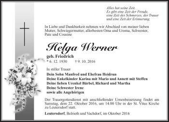 Traueranzeige von Helga Werner von Südthüringer Presse