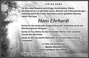 Traueranzeige von Hans Ehrhardt von Südthüringer Presse