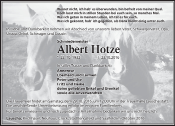 Traueranzeige von Albert Hotze von Südthüringer Presse