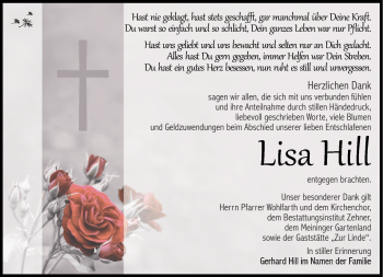 Traueranzeige von Lisa Hill von Südthüringer Presse