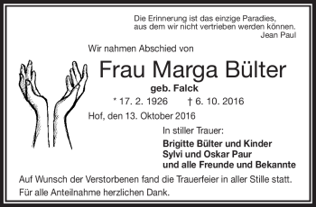 Traueranzeige von Marga Bülter von Frankenpost