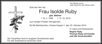 Traueranzeige von Isolde Ruby von Frankenpost