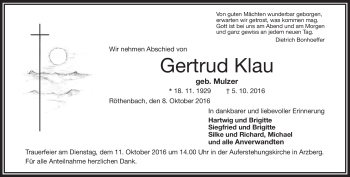 Traueranzeige von Gertrud Klau von Frankenpost
