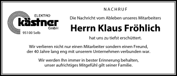 Traueranzeige von Klaus Fröhlich von Frankenpost