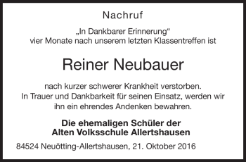 Traueranzeige von Reiner Neubauber von Neue Presse Coburg