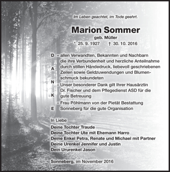 Traueranzeige von Marion Sommer von Südthüringer Presse