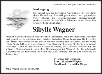 Traueranzeige von Sibylle Wagner von Südthüringer Presse
