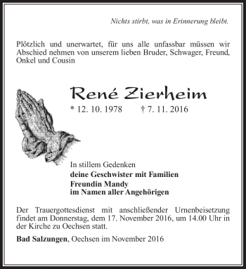 Traueranzeige von René Zierheim von Südthüringer Presse