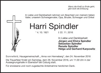 Traueranzeige von Harri Spindler von Neue Presse Coburg