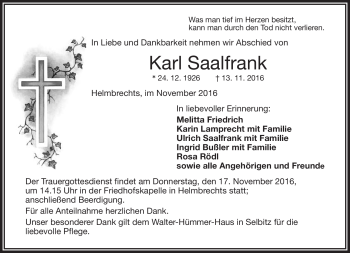 Traueranzeige von Karl Saalfrank von Frankenpost