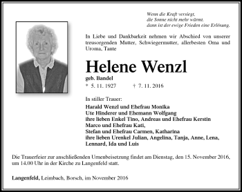 Traueranzeige von Helene Wenzl von Südthüringer Presse