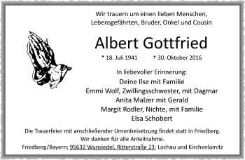 Traueranzeige von Albert Gottfried von Frankenpost