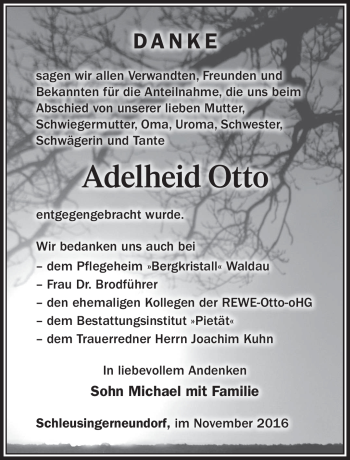 Traueranzeige von Adelheid Otto von Südthüringer Presse