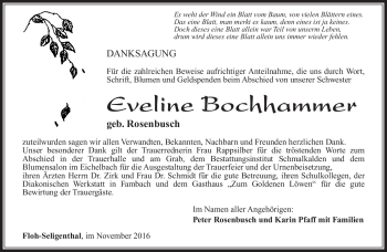 Traueranzeige von Eveline Bochhammer von Südthüringer Presse