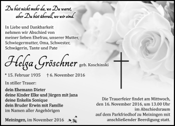 Traueranzeige von Helga Gröschner von Südthüringer Presse