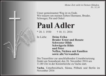 Traueranzeige von Paul Adler von Südthüringer Presse