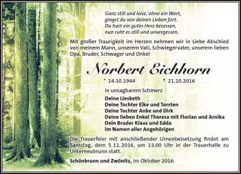 Traueranzeige von Norbert Eichhorn von Südthüringer Presse