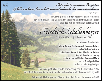 Traueranzeige von Friedrich Schellenberger von Südthüringer Presse