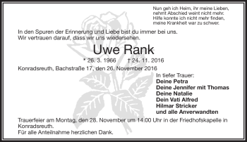 Traueranzeige von Uwe Rank von Frankenpost