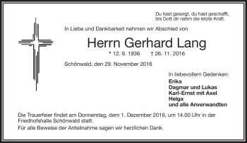 Traueranzeige von Gerhard Lang von Frankenpost