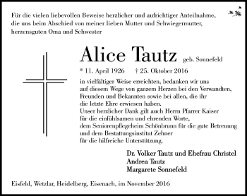 Traueranzeige von Alice Tautz von Südthüringer Presse