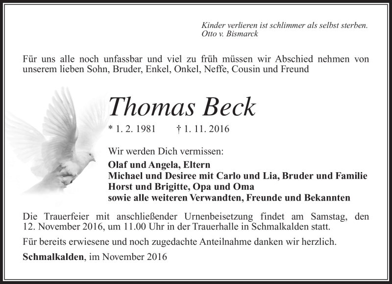  Traueranzeige für Thomas Beck vom 10.11.2016 aus Südthüringer Presse