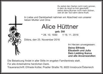 Traueranzeige von Alice Hüttner von Frankenpost