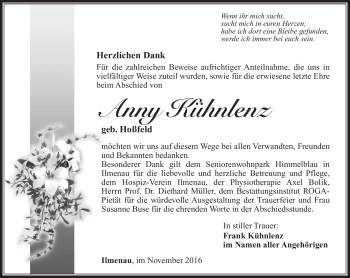 Traueranzeige von Anny Kühnlenz von Südthüringer Presse