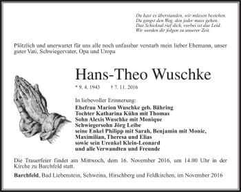 Traueranzeige von Hans-Theo Wuschke von Südthüringer Presse