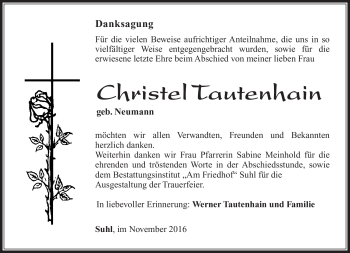 Traueranzeige von Christel Tautenhain von Südthüringer Presse