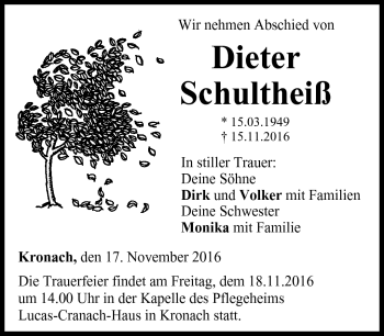 Traueranzeige von Dieter Schultheiß von Neue Presse Coburg
