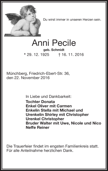 Traueranzeige von Anni Pecile von Frankenpost