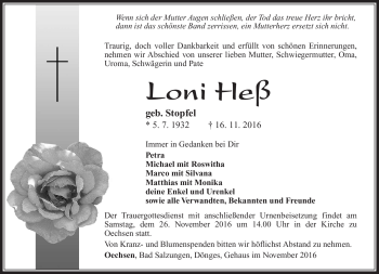 Traueranzeige von Loni Heß von Südthüringer Presse