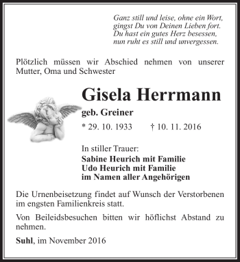 Traueranzeige von Gisela Herrmann von Südthüringer Presse