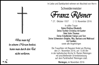 Traueranzeige von Franz Rösner von Südthüringer Presse