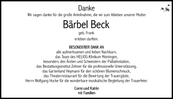 Traueranzeige von Bärbel Beck von Südthüringer Presse
