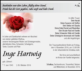 Traueranzeige von Inge Hartwig von Südthüringer Presse