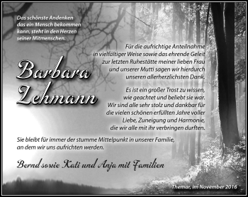 Traueranzeige von Lehmann Barbara von Südthüringer Presse