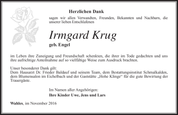 Traueranzeige von Irmgard Krug von Südthüringer Presse